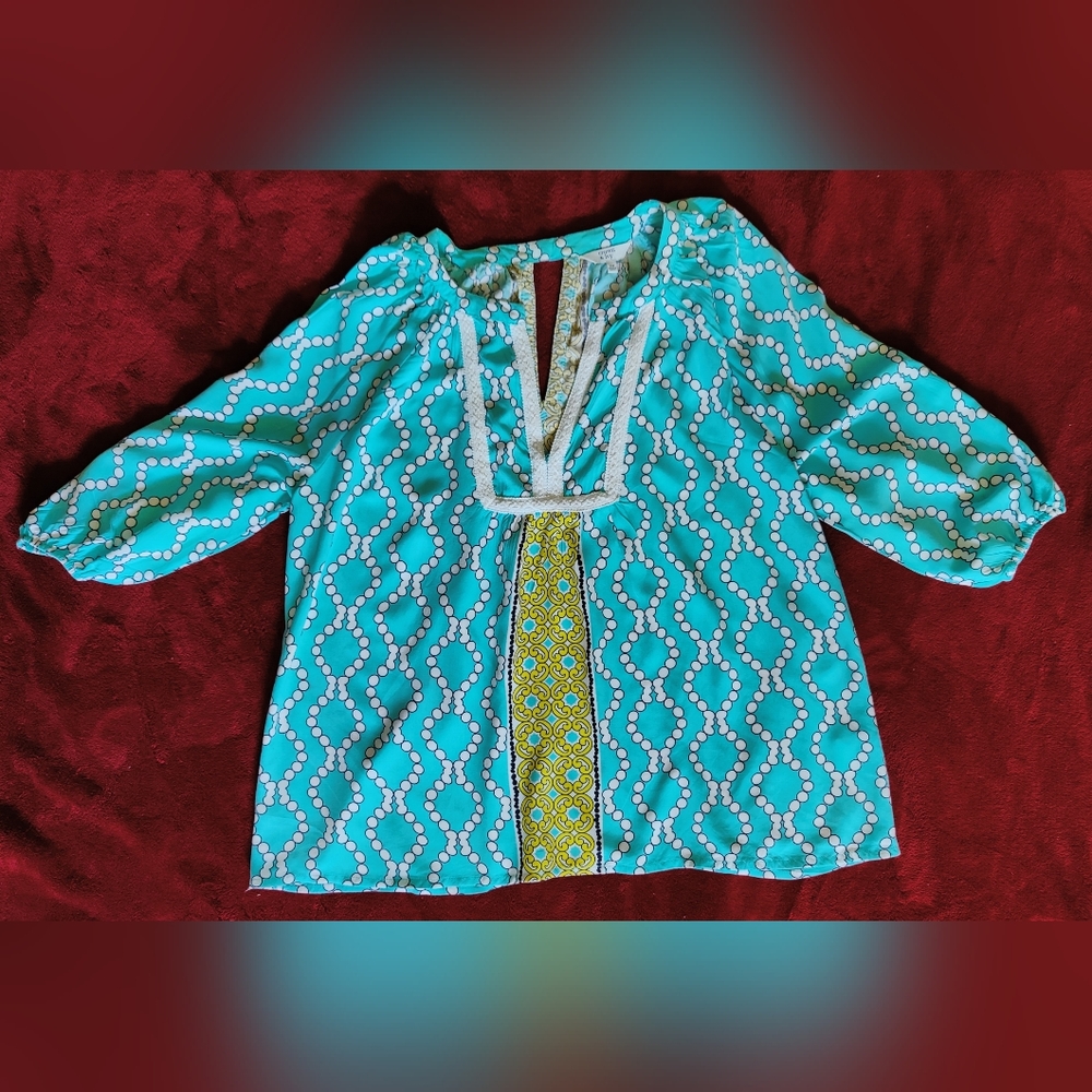 Crown & Ivy Petite Med Women's Casual Smock Top Aqua Mint Green Crochet Trim